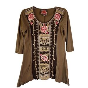 Johnny Was Blouse Floral Olive Green 3/4 Sleeve Women's Size XS Boho